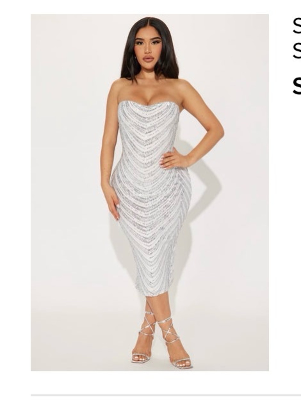 Strapless Silver Sequin Midi Dress